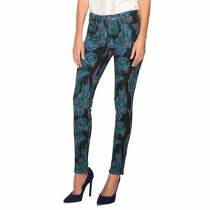 HP! NWT Marchesa Voyage Peacock Feather Print Boho Ankle Cropped Skinny Jeans
